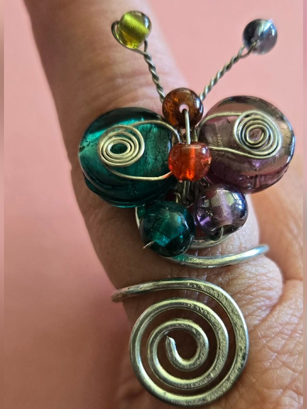 Wire wrapped green purple handcrafted butterfly adjustable ring